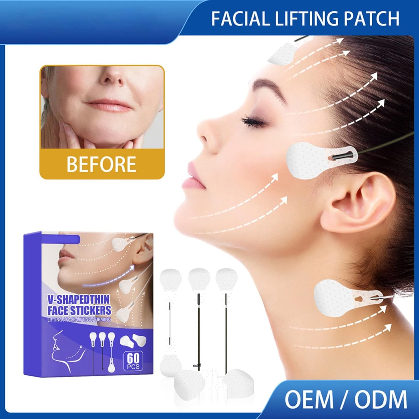 Lot De 60 Bandes Invisibles De Levage Du Visage Avec 3 Cordes Fixes, Autocollants Instantanés Pour Le Visage, Le Cou Et Les Yeux, Bandes V-Line Pour Raffermir La Peau, Patchs Pour Le Visage